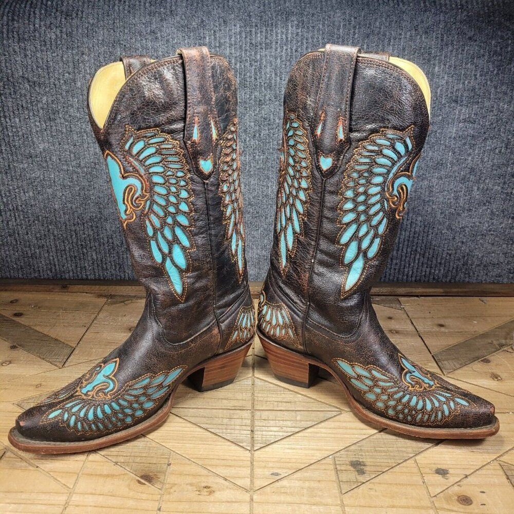 Corral Boots Womens 6.5M Turquoise Inlay Fleur De Lis Wings Cowboy Brown R2458 - Picture 6 of 13